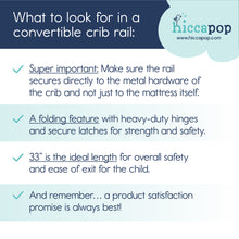 Load image into Gallery viewer, Checklist of what to look for in a crib rail: metal hardware, folding feature, 33-inch length, and a satisfaction promise.