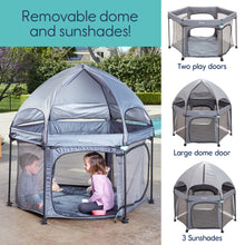 Load image into Gallery viewer, Grey playard with kids inside, featuring text and small photos detailing its removable dome, two doors, and three sunshades.