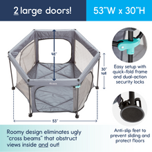 Load image into Gallery viewer, Diagram of the 53 inch by 30 inch hexagonal playpen highlighting two large doors, security locks, and anti-slip feet.