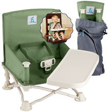 Load image into Gallery viewer, Green OmniBoost booster seat with white tray and carry bag, isolated on a white background.