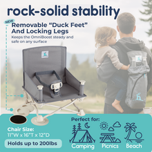Load image into Gallery viewer, Dad carrying the packed booster seat on his back. Text details its rock-solid stability, removable duck feet, and locking legs. Icons indicate the it's perfect for camping, picnics, and beach trips.