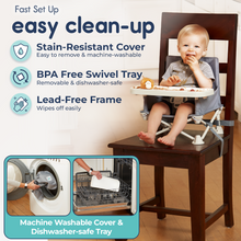 Load image into Gallery viewer, Chair secured to an adult dining chair. Text notes the machine-washable and stain-resistant cover and BPA-free swivel tray for easy cleanup.