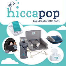 Load image into Gallery viewer, Hiccapop product line. Wipes warmer, inflatable toddler bed, black out tent, collapsible booster seat, car booster seat on a teal and white background.