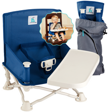 Load image into Gallery viewer, Navy blue OmniBoost booster seat with white tray and carry bag, isolated on a white background.
