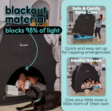 Load image into Gallery viewer, Slide showing Hiccapop DayDreamer in multiple use positions.  Text says 98% of light is blocked, DayDreamer provides little ones with their own space, and provides a safe ad comfortable sleep cave.
