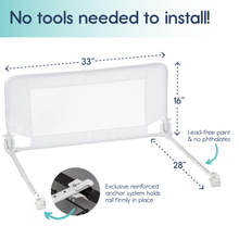 Load image into Gallery viewer, Crib rail with dimensions (33 inches wide, 16 inches tall, 28 inch long legs) and anchoring details on a white background.
