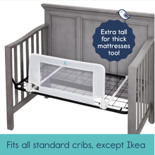 Load image into Gallery viewer, Baby crib with crib rail installed and text indicating compatibility with thick mattresses and standard cribs.  Will not work with Ikea cribs.
