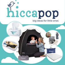 Load image into Gallery viewer, Hiccapop product line.  Wipes warmer, inflatable toddler bed, black out tent, collapsible booster seat, play yard mattress on a teal and white background.
