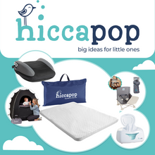 Load image into Gallery viewer, Hiccapop product line including an OmniBoost collapsible booster seat, the PlayPad mattress with its carry bag, UberBoost car booster seat, DayDreamer blackout tent, and wipes warmer.  The Hiccapop logo is shown and the products are placed on a white and teal background.
