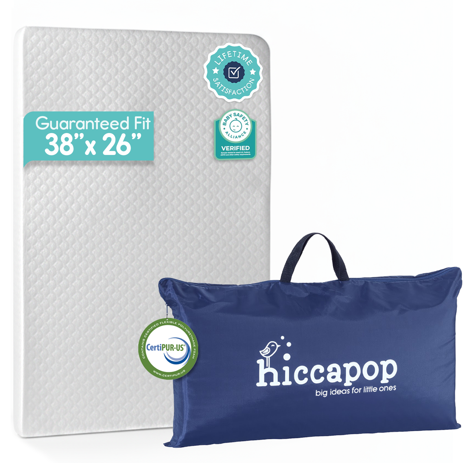 White Hiccapop playard mattress (PlayPad) standing next to its blue carrying bag, with a 38 by 26 inch guaranteed fit badge.  Product is verified by the Baby Safety Alliance and uses CertiPUR-US certified foam in it's construction.
