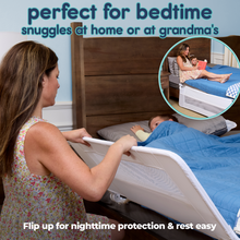 Load image into Gallery viewer, Hiccapop's bed rails folds down for easy entry and folds up for maximum nighttime protection.  Use at home or at grandma's.
