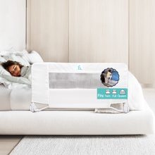 Load image into Gallery viewer, Metal bed safety barrier with white cloth cover for sleeping children.  A sleeping child shows the bed rail in use.
