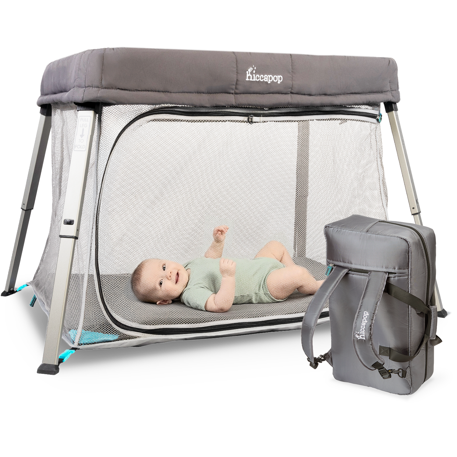 Grey mesh playard (TravelPod) with a sleeping baby inside, shown next to its compact grey travel bag/backpack.