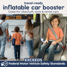Load image into Gallery viewer, Child using a travel-ready inflatable car booster seat, and child carrying deflated booster seat in carry bag at an airport while with parents.
