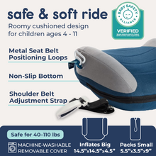 Load image into Gallery viewer, Close-up of the booster highlighting the metal seat belt loops, non-slip bottom, and shoulder adjustment strap.  Text states the cover is machine-washable and removable.  Use with children between 40 and 110 pounds.
