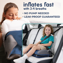 Load image into Gallery viewer, Woman inflating the booster seat by mouth. Text notes it inflates fast with 3-4 breaths and requires no pump.
