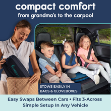 Load image into Gallery viewer, Mom packing the deflated booster. Another photo shows three kids fitting safely across a car's back seat.
