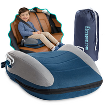 Load image into Gallery viewer, Navy blue inflatable car booster seat and its blue travel bag, with a small photo of a boy using the seat.
