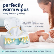 Load image into Gallery viewer, Baby wipes warmer with text stating "perfectly warm wipes.  Woman in background smiling at baby.  Additional text detail product (perfect temperature, silicone moisture seal, holds 100 wipes, no wipe drying, no wipe browning).
