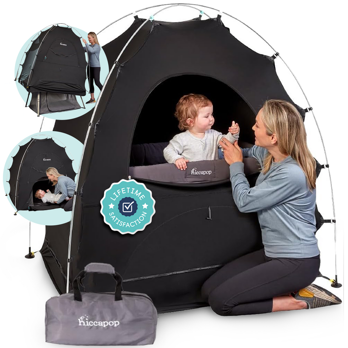 Hiccapop DayDreamer blackout tent fitted over a playard