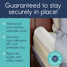 Load image into Gallery viewer, Bumper secured under a sheet. Text notes its waterproof cover, non-toxic safety testing, and lifetime guarantee.
