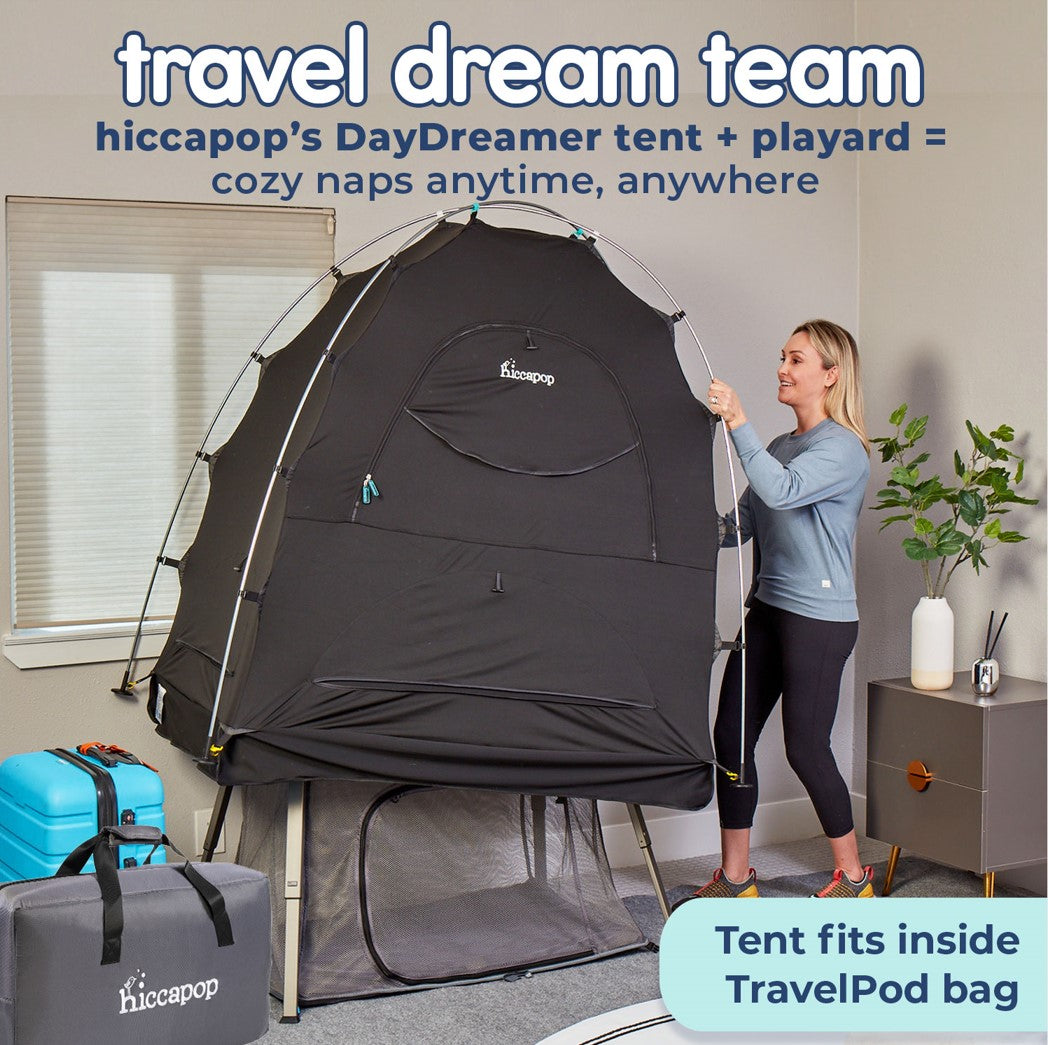 travel tent Hiccapop TravelPod Portable Playpen & Travel Crib for Baby, Lightweight, Foldable Portable Crib Playard with Zippered Door, Waterproof Base & Carry