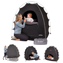 Load image into Gallery viewer, Slide showing the black Hiccapop DayDreamer in four different ways.  One image shows a mother and child leaning in through the top door, a mother placing the DayDreamer over a Hiccapop TravelPod, a mother placing a toddler into the DayDreamer though the lower door, and a older child using the DayDreamer as a club house.
